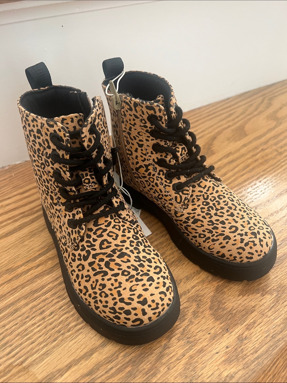 Zara Girls Leopard Print Lace-Up Boots - Tan/Black